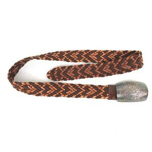 Vintage Handmade Braded Belt With Unique Etched Silver Plated Buckle Sz L